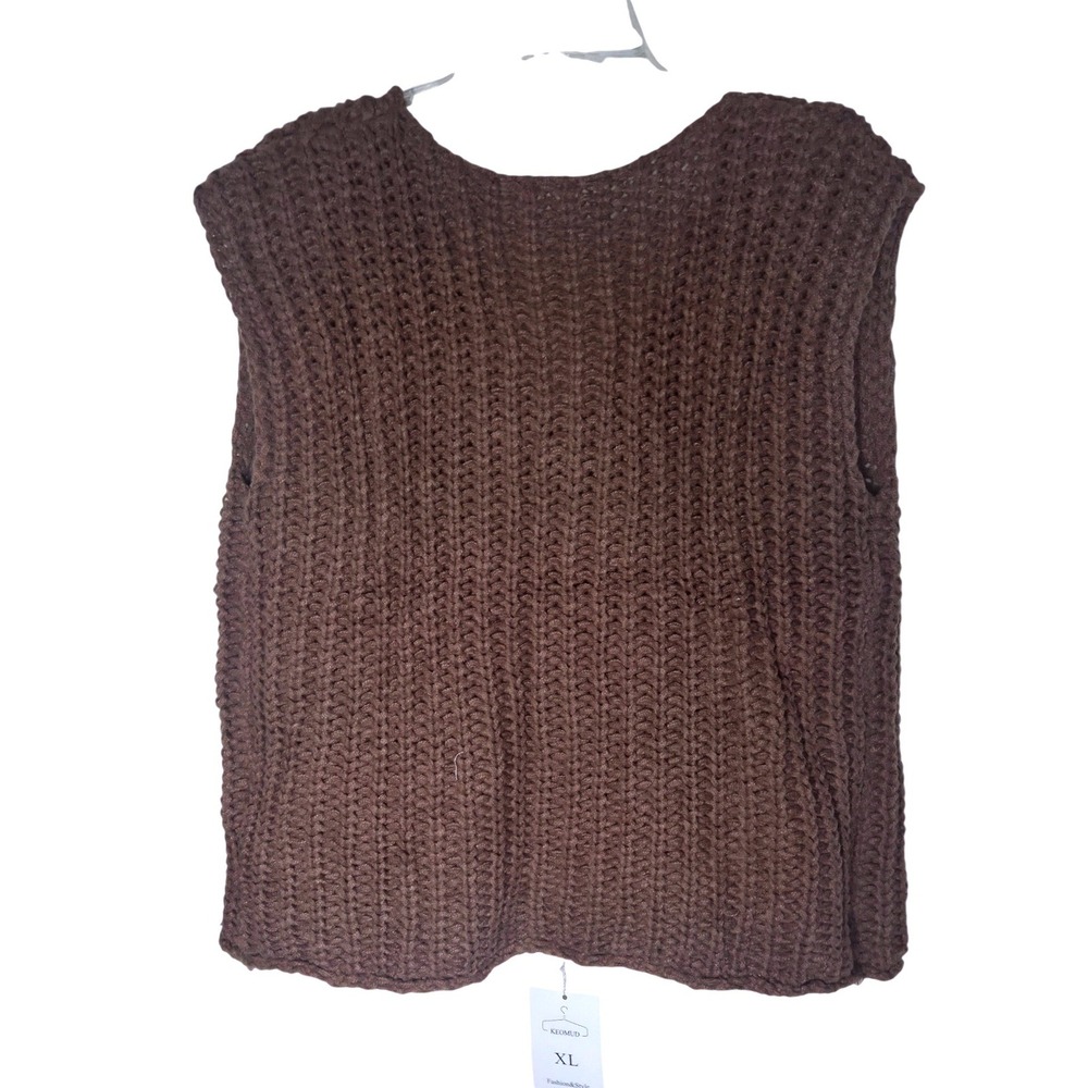 Brown Chunky Knit Oversized Button Front Sweater Vest Womens XL V-Neck Pockets - Picture 3 of 4